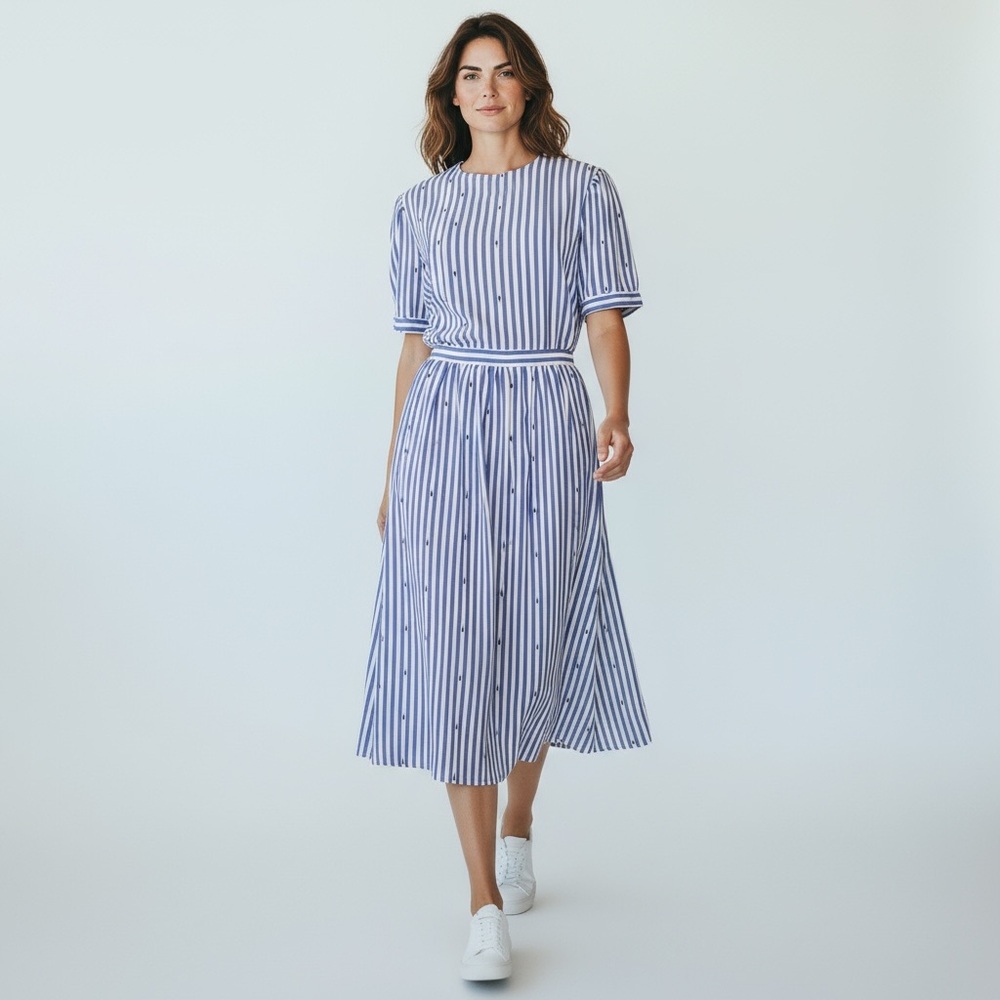 Vintage Josephine Blue And White 2 Piece Top Skirt Set Sizes 12 And 16 Pleated